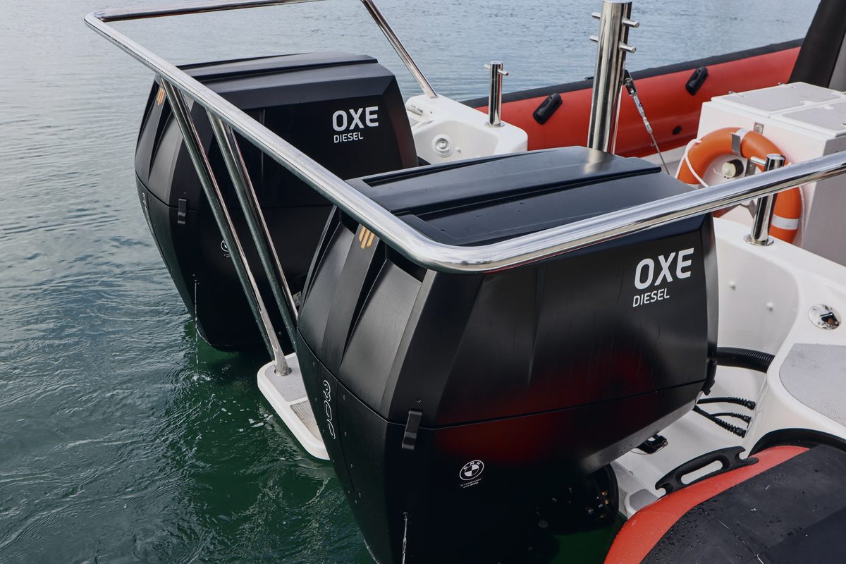 Twin outboard engines on the transom of a Protector RIB