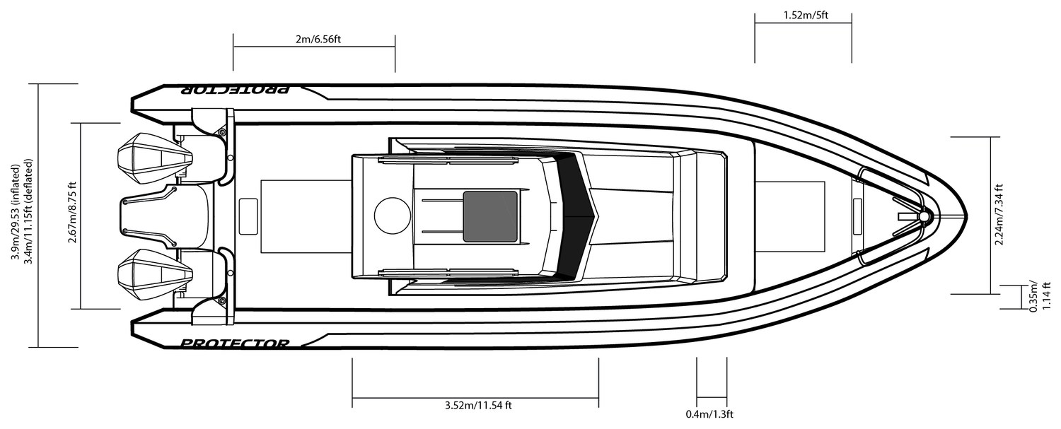 380 Targa top-view drawing with dimensions