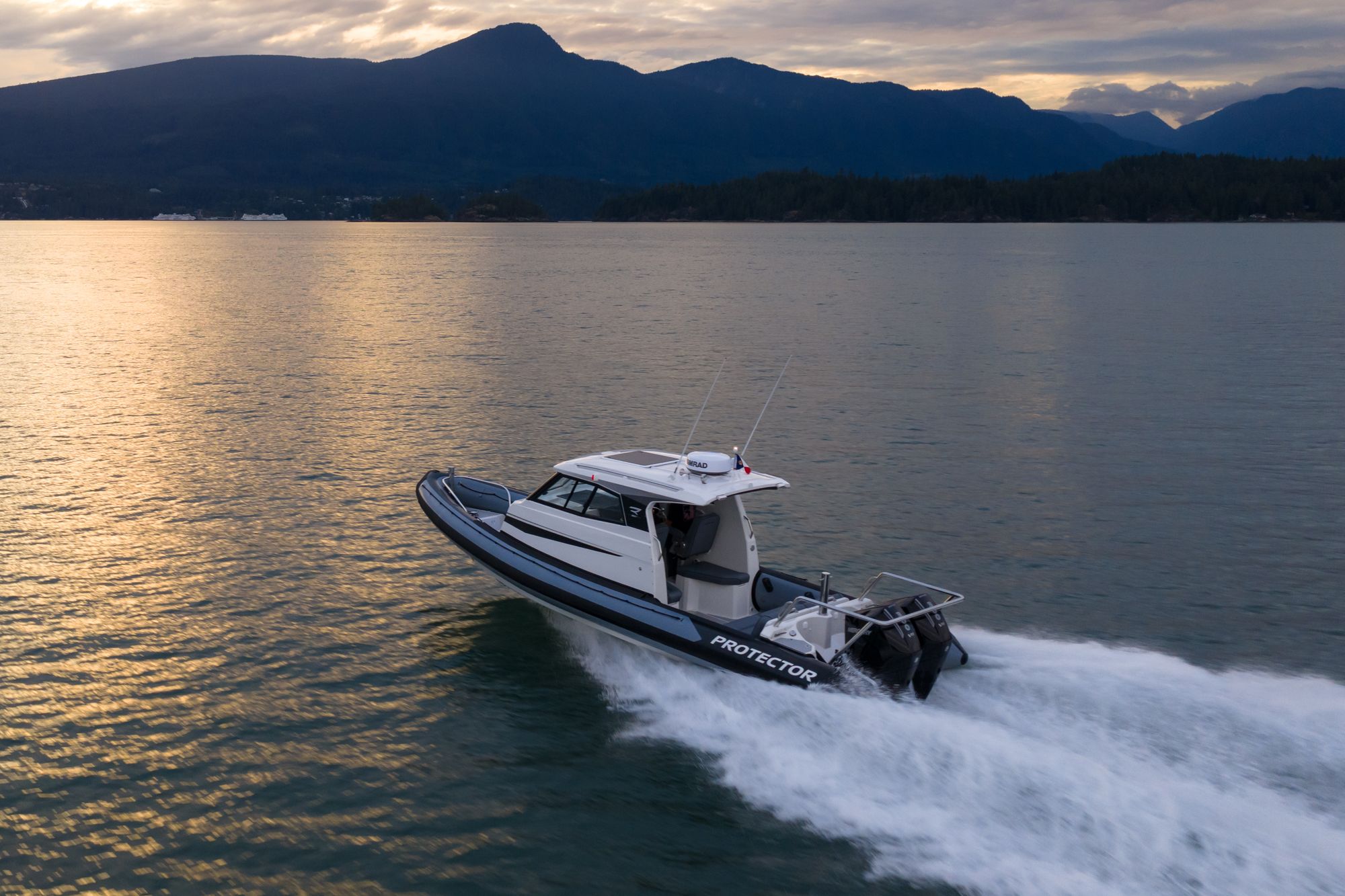 Protector Targa running on the water off Vancouver, BC