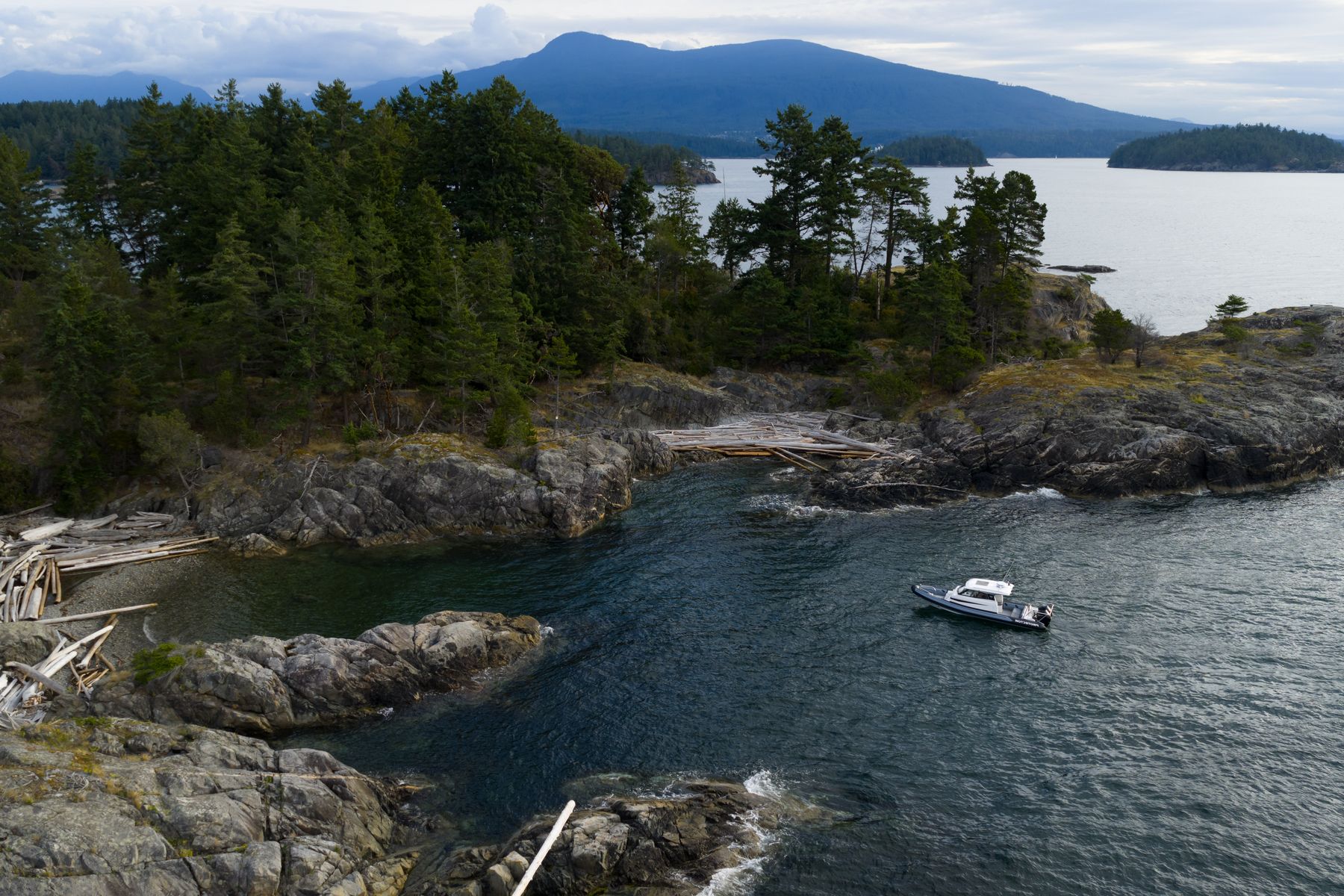 Protector RIB on the British Columbia coast beside a rocky, tree-covered shoreline