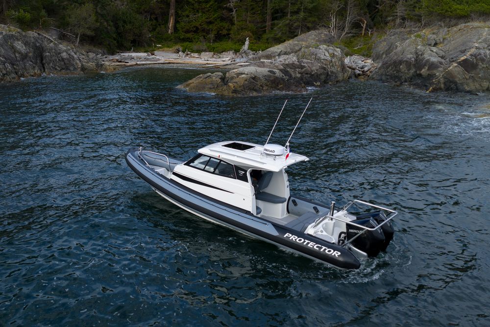 Protector Targa seen from the air beside a forested BC shoreline