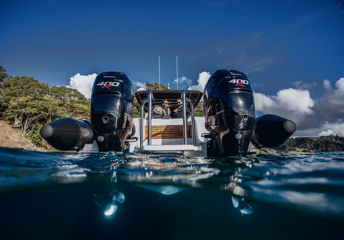 Protector 380 Chase: Walk-through swim platform on twin-outboard builds