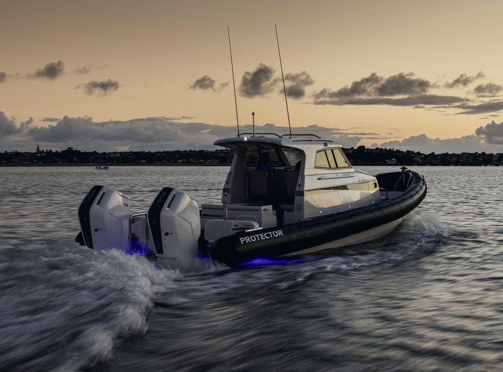 Protector tender being lifted from a yacht's garage